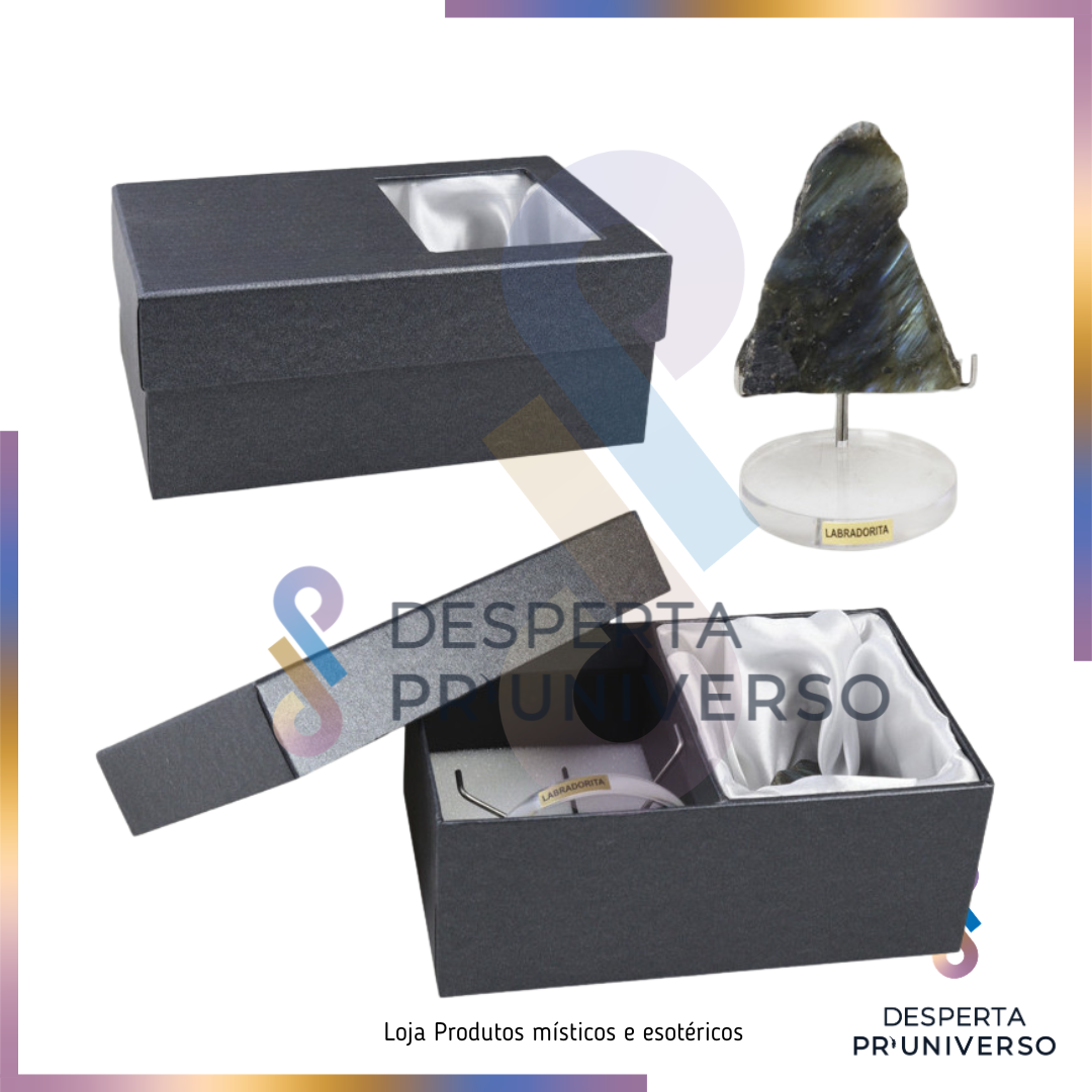 Labradorita + Caixa + Expositor — Proteção energética | Intuição | Escudo espiritual