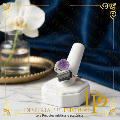 Anel Ametista e Turmalina Negra Prata de Lei