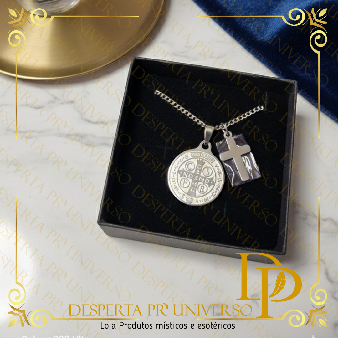 Colar São Bento com Cruz – Aço Inoxidável