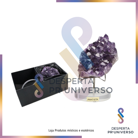 Ametista + Expositor + Caixa — Kit Completo de Proteção e Harmonia