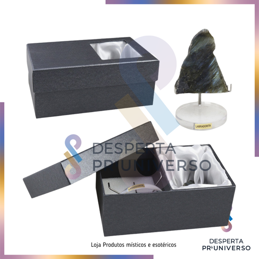 Labradorita + Caixa + Expositor — Proteção energética | Intuição | Escudo espiritual