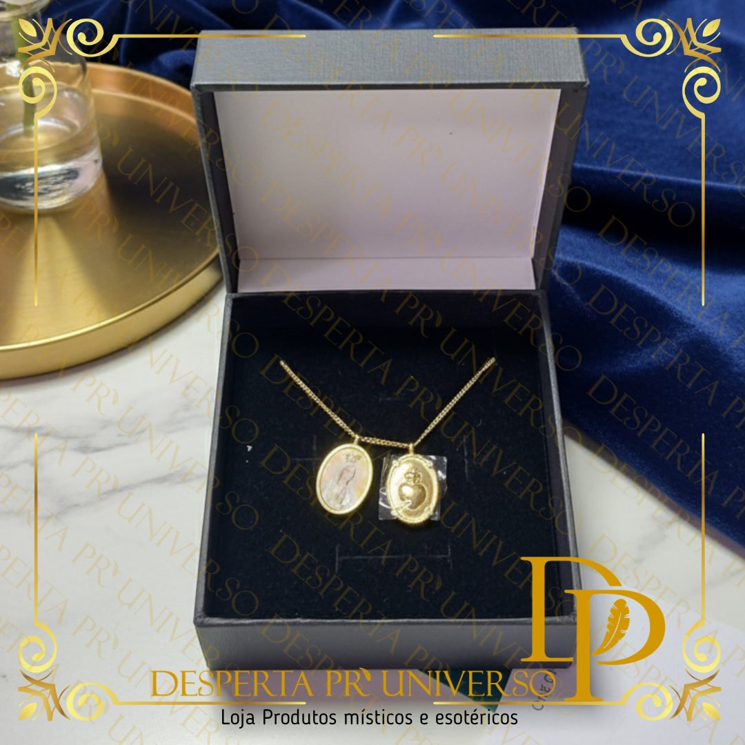 Escapulário de Nossa Senhora de Fátima & Sagrado Coração de Maria – Aço Inoxidável Dourado