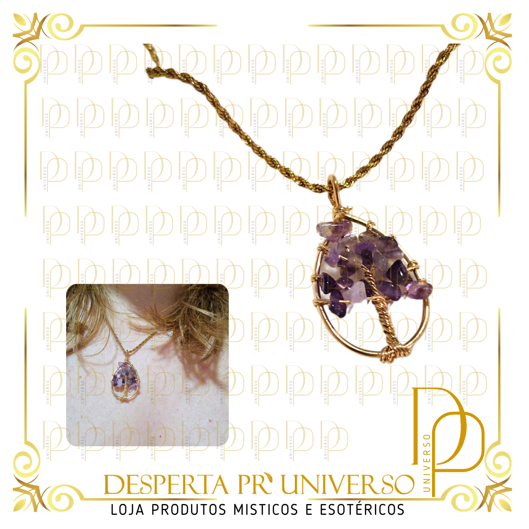 Colar  Aço Inoxidavel Dourado Arvore da Vida Cristal