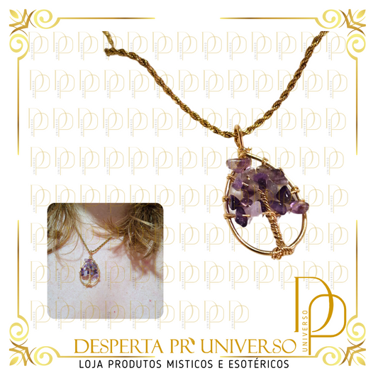 Colar  Aço Inoxidavel Dourado Arvore da Vida Cristal
