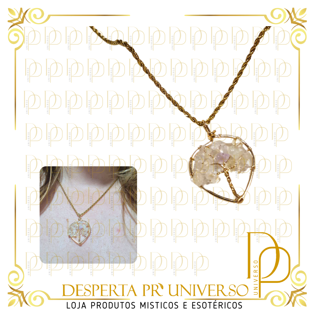 Colar  Aço Inoxidavel Dourado Arvore da Vida Cristal
