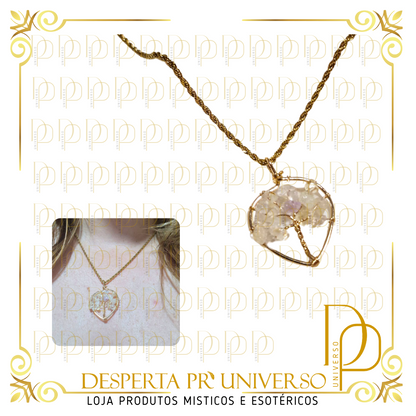 Colar  Aço Inoxidavel Dourado Arvore da Vida Cristal