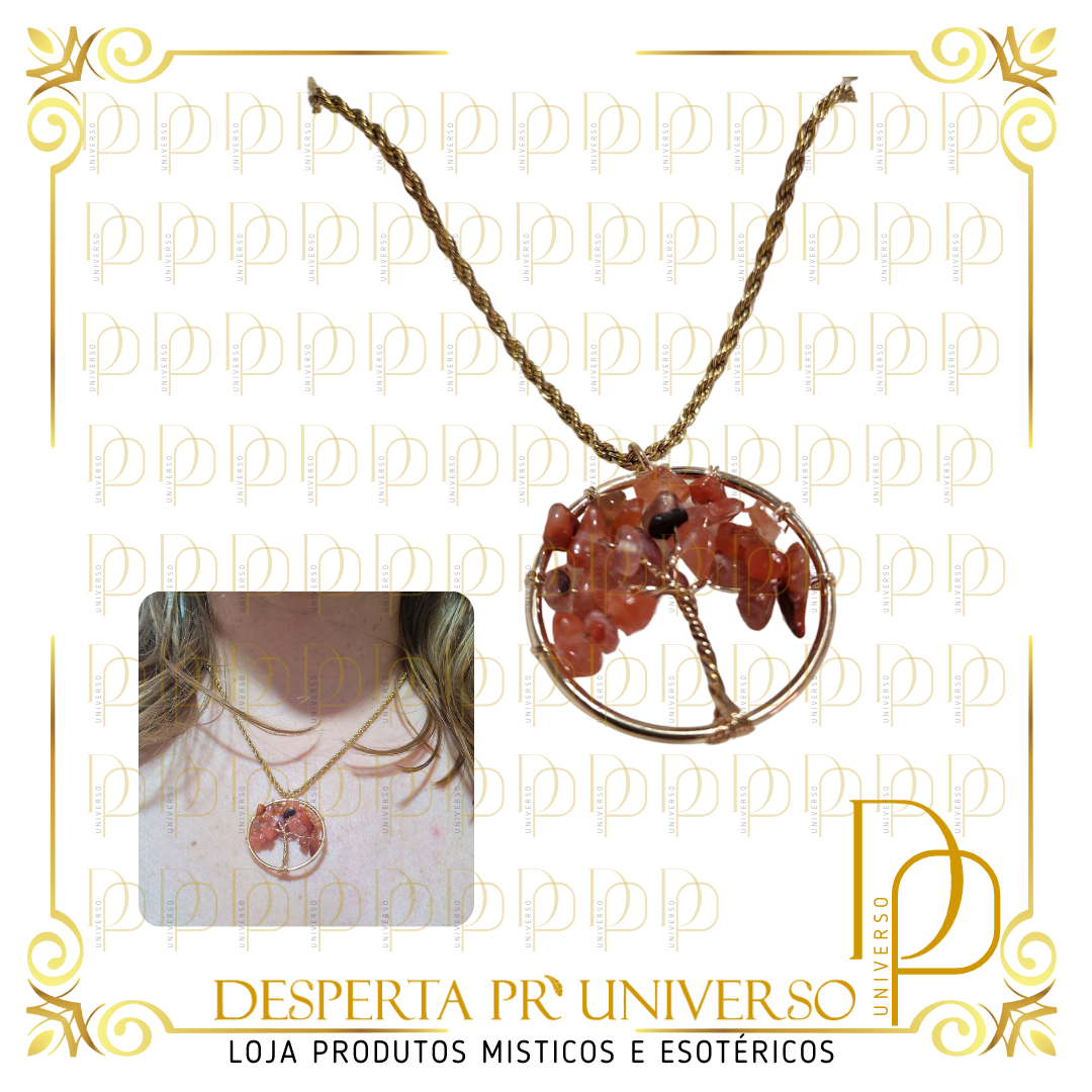 Colar  Aço Inoxidavel Dourado Arvore da Vida Cristal