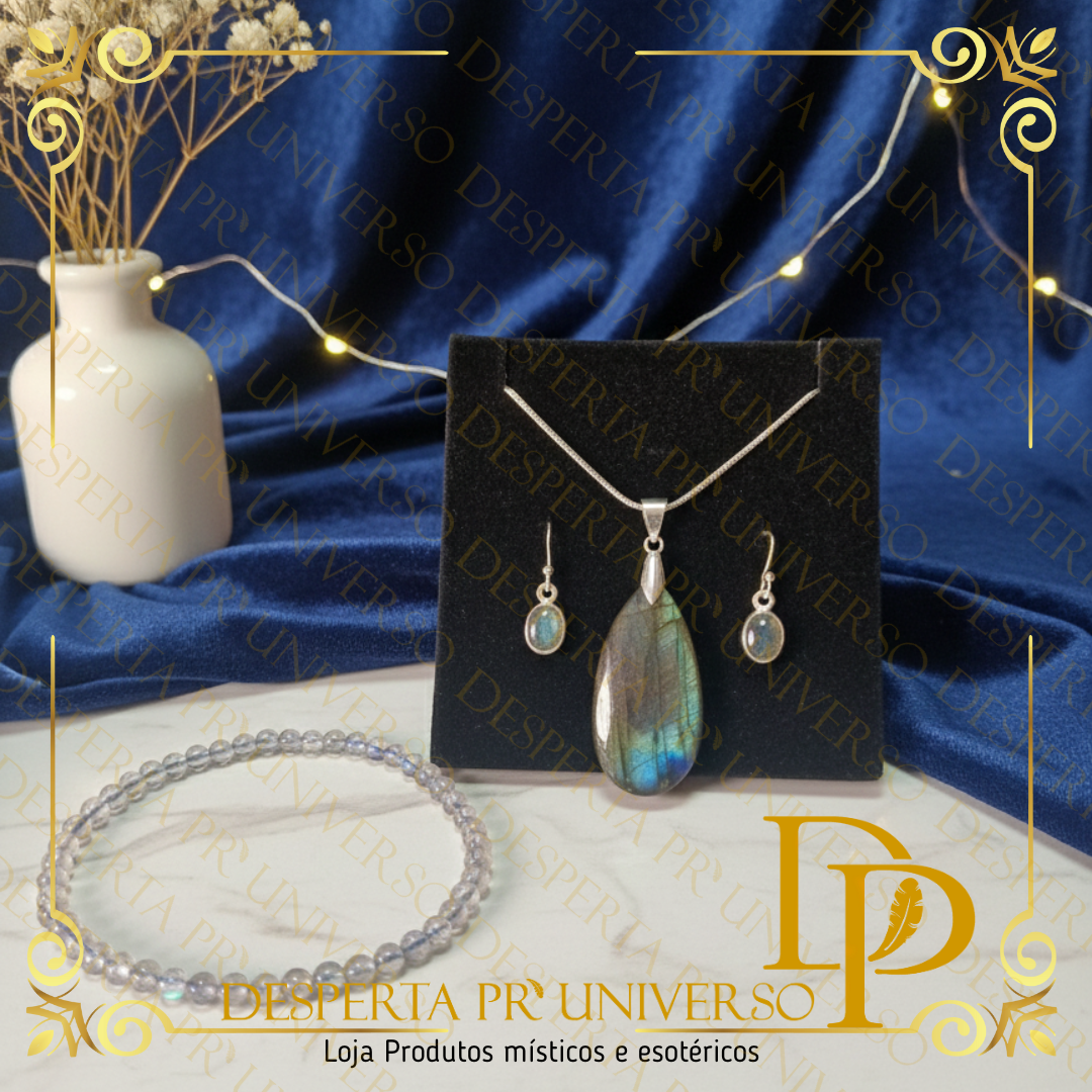 Conjunto Labradorite – Colar + Pulseira 4mm + Brincos