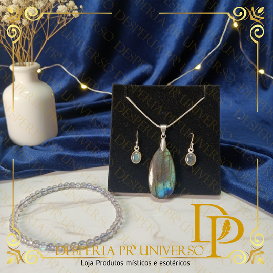 Conjunto Labradorite – Colar + Pulseira 4mm + Brincos