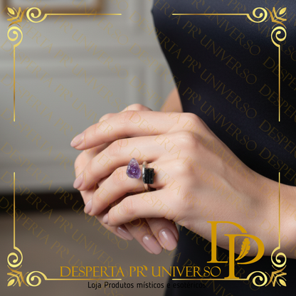 Anel Ametista e Turmalina Negra Prata de Lei